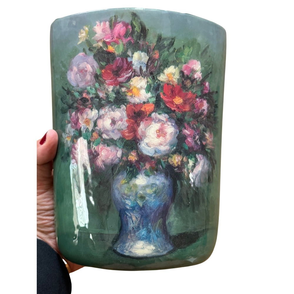Vintage JSL Hand Painted Ceramic Floral Vase Impressionist Still Life Green 8 In